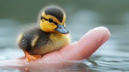 A cute duckling resting on a human hand, surrounded by calm water and soft reflections