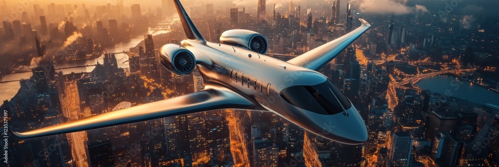 Poster futuristic airplane flying above a vibrant sci fi cityscape at sunset with glowing lights and sleek 