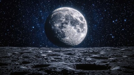 Stunning view of the moon rising over a cratered lunar landscape under a starry sky