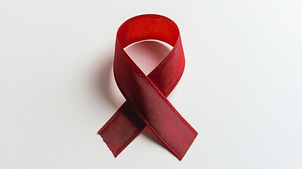 Red ribbon symbolizing awareness, placed on a clean white background for impactful messaging