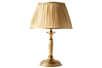 Elegant gold table lamp, pleated shade, white background, home decor