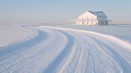 Obraz premium Winter farmhouse, snow road, serene landscape, peaceful scene