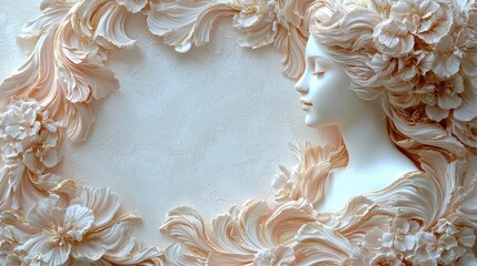 Elegant sculptural relief of a woman's profile surrounded by floral motifs on a textured background