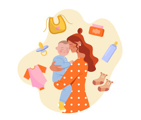 Mother and child. Woman holding toddler. Mother and baby. Parenthood and childhood. Good family relationships. Love, support and care. Pacifier and sliders. Flat vector illustration