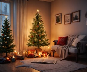 Cozy reading nook with candles and a Christmas tree, twinkling lights, soft focus