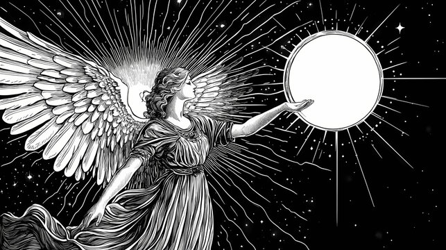 Angelic guidance: celestial being and orb of energy. Cosmic Serenity. Illustration