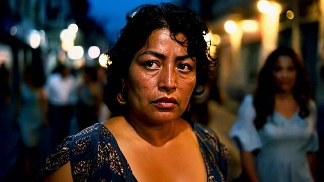 chubby young woman in a Mexican City street at night looking at the camera 