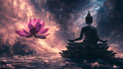 Buddha meditating on a lotus flower in a cosmic sea. Cosmic Serenity. Illustration