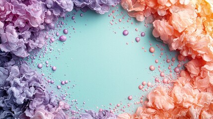 Colorful floral arrangement with bubbles on a pastel background, ideal for design use