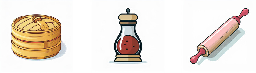Illustration showing a bamboo steamer, a spice grinder, and a rolling pin.  Perfect for cooking or baking themes.