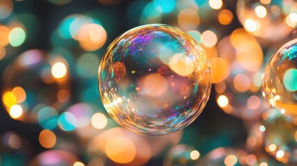 A Single Soap Bubble Reflecting Bokeh Lights