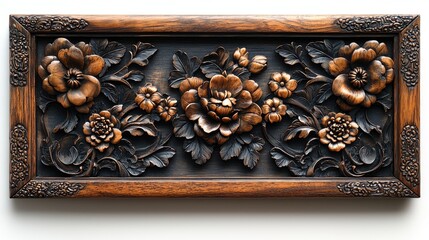 Intricate wooden floral relief carving showcasing detailed craftsmanship against a plain backdrop