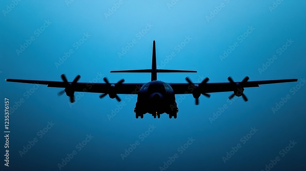 Poster silhouette of an airplane soaring through a clear sky during twilight hours showcasing clean design 