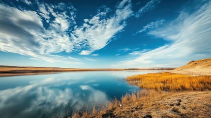 Obraz premium Serene Lake Reflecting a Blue Sky with White Clouds
