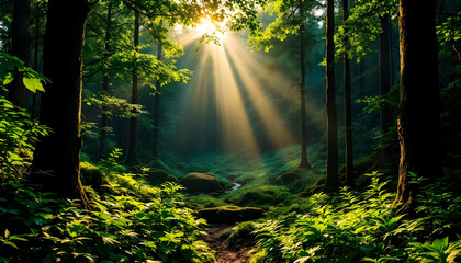 Obraz premium A breathtaking panoramic view of a lush green forest with tall trees and vibrant foliage. The morning sun shines through the dense canopy, casting long golden rays of light onto the forest floor. The 