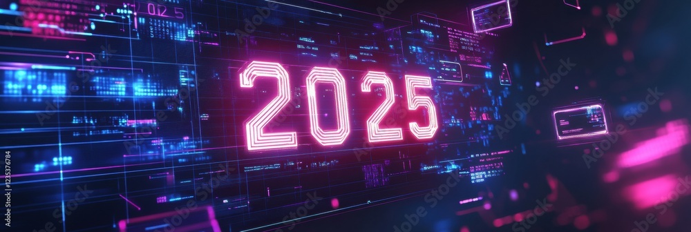 Poster futuristic digital calendar showcasing the year 2025 with vibrant neon colors and sleek design. gene