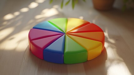 Fototapeta premium Colorful Geometric Toy Piece with Vibrant Segments on a Wooden Surface