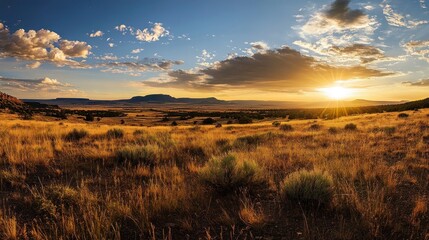 Sunset over a grassy plain with a mountain range in the distance