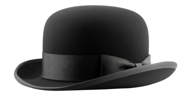 Stylish Headwear: A classic black bowler hat, embodying timeless sophistication and British elegance, resting elegantly on a surface, its sleek design accentuated by a contrasting band.