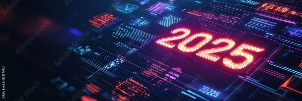Fototapete Futuristic digital calendar displaying the year 2025 with vibrant neon interface and sleek design. Generative AI