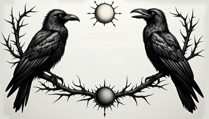 Fototapeta premium Two Ravens Tattoo with Sun and Thorny Branches