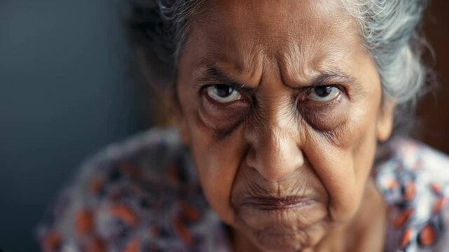 Angry belligerent hispanic senior woman looking at the camera	
