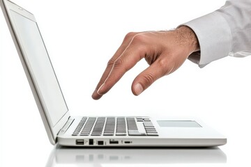 Close-up of a Hand Reaching for a Laptop Keyboard on a White Background