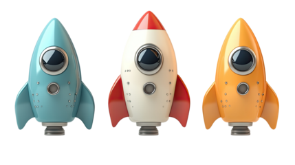 Colorful Rockets Trio: A vibrant collection of three retro-styled rockets, ready to launch into the sky, symbolizing innovation, exploration, and reaching new heights.