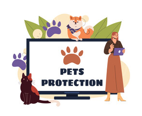 Pets protection online. Woman near cat, dog and computer screen. Animals footprints on display. Care about domestic animals and pets. Kindness and charity. Flat vector illustration