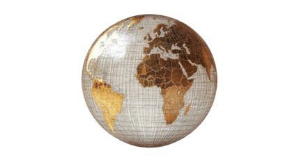 Golden Globe in space: A meticulously crafted globe in a radiant golden hue, floating in a vast space, showcasing the beauty and interconnectedness of our planet. 