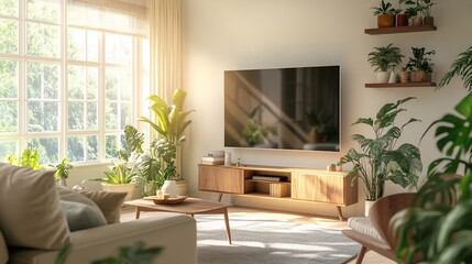 Living room with natural light and many plants in a modern home decor style with sunlight streaming in