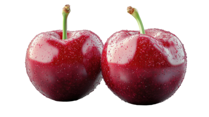 Juicy Duo: Two glistening cherries, ruby-red and brimming with freshness, sit side-by-side, ready to tantalize the senses. A perfect representation of natural sweetness and vibrant color.