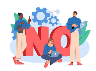 Refusal to work. Man and women near no inscription. Business team, workers and employees. Negative answer to question. Disappointed workers. Flat vector illustration