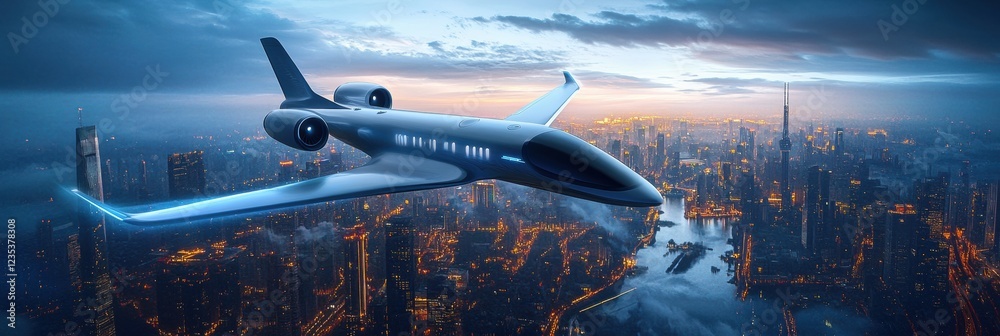 Fototapete futuristic airplane soars above vibrant sci fi cityscape during twilight hours with glowing lights i