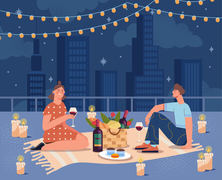Romantic date on roof. Man and woman on picnic on rooftop. Love, romance and passion. Happy couple with wine and cheese. Cafe or restaurant on terrace. Flat vector illustration