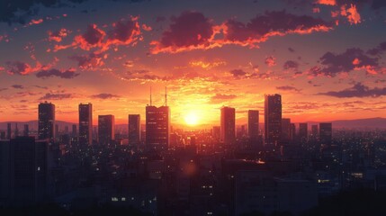 Fototapeta premium Fiery Sunset Over Cityscape: A Stunning Urban Panorama at Dusk