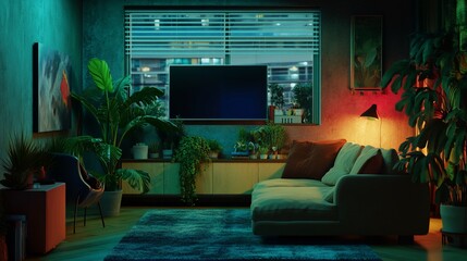Indoor Living Room Scene with Plants Sofa and TV Screen at Nighttime Lighting