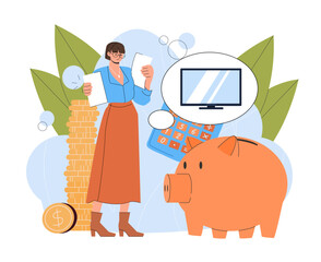 Woman saving money. Young girl near piggy bank, calculator and golden coins. Financial literacy and passive income. Budgeting and accounting. Flat vector illustration
