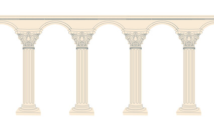 Obraz premium Antique columns pattern. Repeating design element for printing on fabric. Historical Roman and Greek architecture. Ancient doric and ionic facade. Flat vector illustration