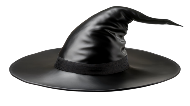 Enchanting Witch's Hat: A captivating, black witch's hat with a wide brim and pointed crown, perfect for Halloween or any mystical themed event. 