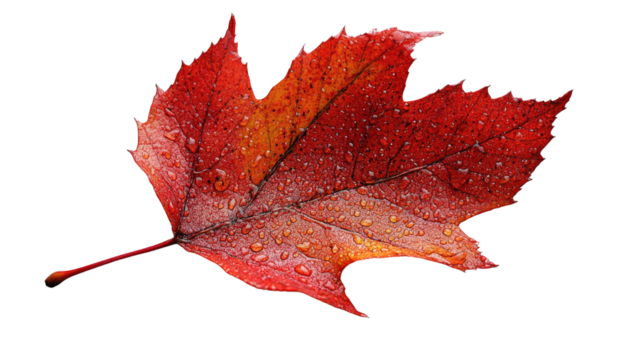 Autumn's Embrace: A vibrant close-up of a single maple leaf, its surface glistening with droplets, showcasing the rich tapestry of red and orange hues, a symbol of fall's transient beauty.