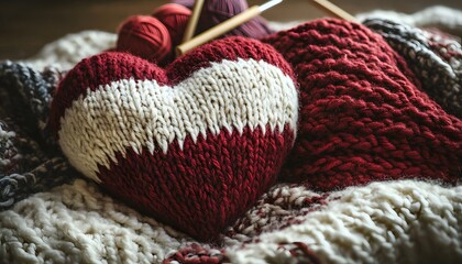 Knitted Heart Amidst Cozy Winter Yarn Balls