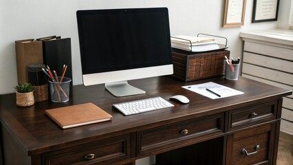 Dark wooden desk with desktop computer on it surrounded by office supplies and papers, computer desk, office setup, office chair, pencil