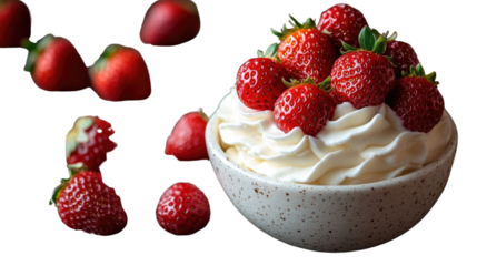 Strawberry Delight: A culinary masterpiece of ripe, juicy strawberries artfully arranged atop a bed of fluffy whipped cream, presented in a rustic ceramic bowl, evoking feelings of sweetness.
