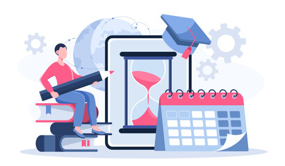 Time management man. Businessman with huge pencil near calendar and hourglass. Planning and scheduling. Organizing effective work process. Poster or banner. Flat vector illustration