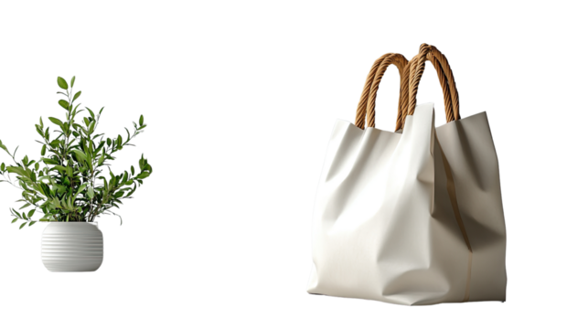 Simple Living: A minimalist composition features a potted plant and a tote bag, evoking a sense of modern simplicity and eco-consciousness.