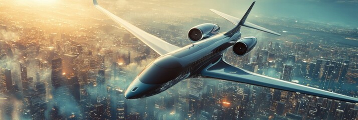 Futuristic airplane soaring over a vibrant sci fi city skyline at dusk with advanced technology and sleek design. Generative AI