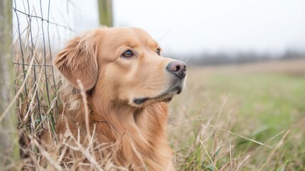 Obraz premium Golden retriever dog sitting in a grassy field next to a wire fence on an overcast day.