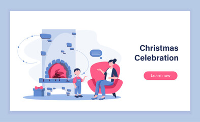 Christmas celebration poster. Mother with son sitting near fireplace. Winter holidays and festivals. Comfort and coziness indoors. Landing webpage design. Flat vector illustration