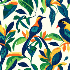 Obraz premium A colorful bird is perched on a leafy branch in a tropical forest